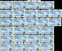 郵資票一組總面值共計NT$1107元:(1)海峽兩岸通郵週年紀念,機號076~127#黑.紅色打印5元47枚,1元2枚;(2)總統府機號076~147#黑色打印5元72枚;(3)龍虎塔機號076~105#打印5元30枚;(4)鳳山龍山寺機號076~147#黑色打印5元72枚;VF