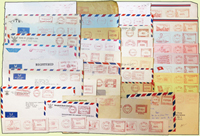 集郵品55件:(1)1970~2013年國外銷郵資機戳實寄封29封,多數寄台灣;(2)2011年全國郵展營業廣告郵資機戳紀念封,一日一戳,共6封全;(3)2008年台北郵局贈823金門戰役紀念封貼郵資機戳2封不同;(4)2011年全國郵展郵資機戳票6枚全3組;林茂興舊藏