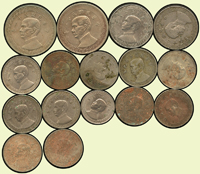 國父像布圖:(1)民國25年20分鎳幣2枚,VF-XF;(2)民國25年5分鎳幣1枚,UNC;(3)民國29年10分鎳幣8枚,微氧化,VF-XF;(4)民國25年10分鎳幣2枚,VF-XF;(5)民國27年10分鎳幣1枚,XF;(6)民國31年半圓鎳幣2枚,XF