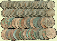 國父像布圖:(1)民國31年20分鎳幣31枚,綠銹氧化變棕色,VF-XF;(2)民國29年5分鎳幣69枚,VF-XF(Page 16)