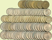 台灣銀行流通硬輔幣一組:(1)民國43年國父像5角銅幣10枚,VF-XF;(2)民國55年蔣公八秩華誕紀念1元鎳幣共23枚,XF-AU;(3)民國59~64年蔣公像5元鎳幣40枚,XF;(4)民國81~82年梅花圖50元黃銅幣23枚,AU