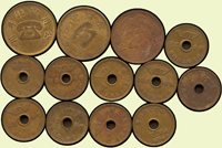 台灣早期銅質代用幣13枚,包括:(1)1976年台北市中型公共汽車乘車專用幣10枚;(2)公共電話專用代幣3枚;VF-XF