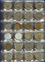 各國中近期流通硬輔幣288枚,整理整齊於二冊中,國家包括有:美國.香港.澳門.泰國.大陸.菲律賓.台灣.新加坡.馬來西亞.日本,其中含台灣民國55年蔣公八秩華誕紀念1元鎳幣11枚,台北航空站看台銅牌代用幣1枚,多重複,XF-UNC;總重約2公斤,歡迎至官網瀏覽全貌;另贈低額人民幣6枚(污舊).港幣10元1枚,共7枚紙幣