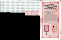 1907年滬寧鐵路黃金貸款債券 £100英鎊(28.6*57cm),有水印,含部份息票,右上角鉛筆寫字,中央少許墨痕,對折,80新  註:1903年中國鐵路總公司與中英銀公司簽訂了《滬寧鐵路借款合同》;1904年發行的第一期債券,發行量32500張,分別有督辦鐵路總公司事務大臣盛宣懷和中國駐英大使汪大燮關防和簽押(Page 36)