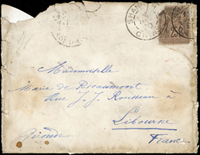 1890年天津寄法國小龍封,貼小龍光齒3分銀1枚,銷天津中文橢圓戳及天津1890.JAN.2海關戳,經上海1890.JAN.10海關戳,轉上海法國客郵局加貼法客郵25生丁1枚,銷上海法國客郵局1890年戳(日期不清),法國1890.FEVR.20落地戳,附原信,封已剖開展示,邊緣磨損  註:上海華宇2013年秋,LOT#1186,落槌價人民幣25000元