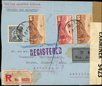 1941年上海寄英國航掛檢查封,正背面貼香港版航空5角2枚.5元1枚,國父像香港中華二版2.5角及1.5角各1枚,銷上海41.3.4中英戳,經夏威夷1941.MAR.18,美國3.22.1941,英國倫敦1941.4.2到達戳,封口貼檢查封條;林茂興舊藏(Page 59)