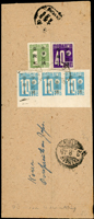 1946年羅東寄南京航空封,背貼日郵數字加蓋中華民國臺灣省10錢橫三連帶右下角三邊紙,40錢及1元各一枚,銷羅東35.8.2櫛型戳,中轉台北銷TAIHOKU 3.8.46國際戳,南京八月七日到戳(Page 86)
