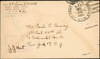 美國軍郵封二件:(1)1945年美國紐約寄俄亥俄州6分郵資封,銷U.S. ARMY POSTAL SERVICE A.P.O 879/AUG.21.1944軍郵戳;(2)1945年美國紐約寄本埠封,未貼票,銷U.S. ARMY POSTAL SERVICE A.P.O JAN.14.1945軍郵戳,左下角另銷檢查戳