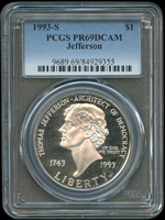 美國(AMERICA)1993年湯瑪斯·傑佛遜總統誕生250年ONE DOLLAR紀念銀幣,S記,重26.73克,PCGS PR69 DCAM(Page 41)