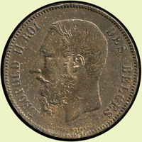 比利時(BELGIUM)1873年利奧波德二世 5 F銀幣,重25克,原包漿,XF;Krause KM# 24(Page 41)
