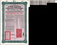 (1910年)宣統二年大清帝國政府對外發行津浦鐵路20英鎊債券,德華銀行(Deutsch-Asiatische Bank)發行代理發行,票上有中文發行條例,含息票5枚,保存良好;源自英國藏家(Page 47)